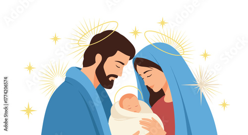 A tender illustration of the Holy Family, depicting Mary and Joseph lovingly adoring baby Jesus, surrounded by golden halos and sparkling stars.
