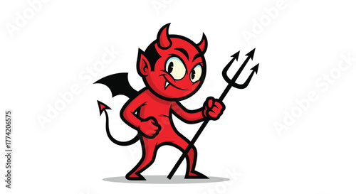 A playful and mischievous cartoon red devil character with horns, wings, and a pointy tail, holding a trident and smiling.