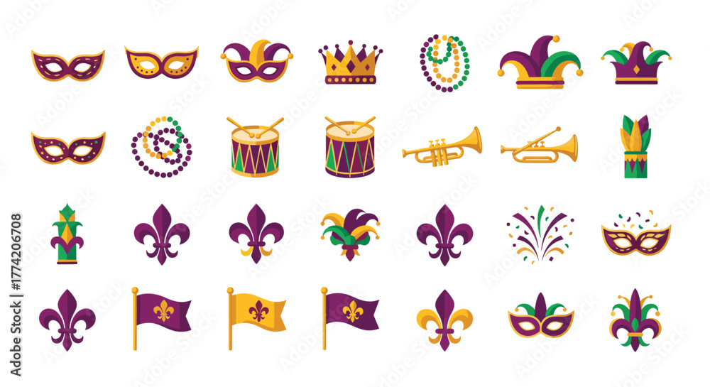 Naklejka premium A vibrant collection of Mardi Gras celebration icons and symbols, featuring masks, beads, and fleur-de-lis in traditional festive colors.