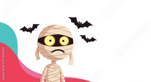 Cartoon mummy with wide yellow eyes and a worried expression, surrounded by three flying bats on a white background with abstract colorful shapes.