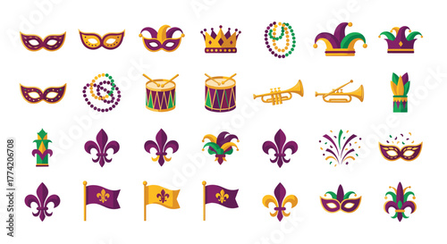 A vibrant collection of Mardi Gras celebration icons and symbols, featuring masks, beads, and fleur-de-lis in traditional festive colors.