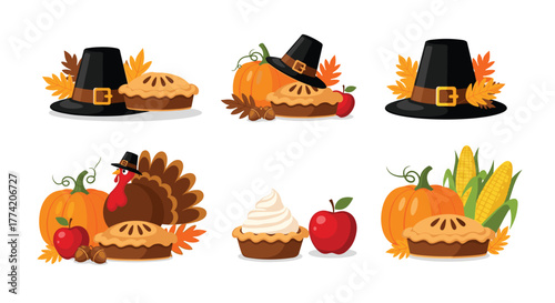 A collection of festive Thanksgiving and autumn-themed illustrations with pilgrim hats, pumpkins, pies, turkey, and fall foliage.