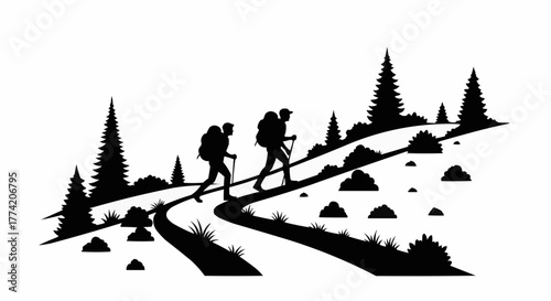 Two hikers with backpacks walking on a mountain trail surrounded by trees.