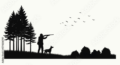 Silhouette of Hunter with Dog Aiming at Birds in a Forest.