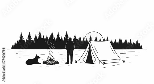 Camping scene with a tent, campfire, dog, and a person enjoying nature.