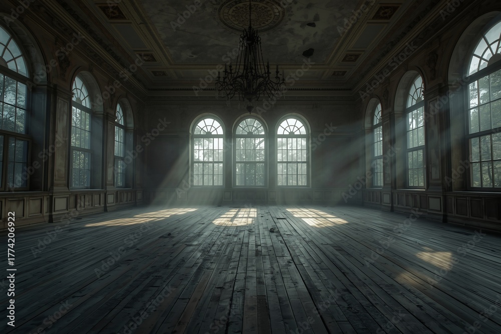 Fototapeta premium A dusty ballroom bathed in moonlight and mist. The gothic windows and silent air create a cinematic and eerie atmosphere. 