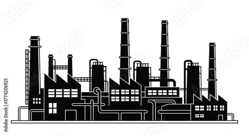 A detailed silhouette illustration of a large industrial factory complex with multiple buildings, tall smokestacks, and interconnected piping.