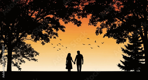 Silhouette of couple holding hands walking towards sunset under trees.
