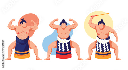 Three traditional sumo wrestlers in stylized poses, including flexing and performing a ritual with a stick, set against colorful abstract backgrounds.