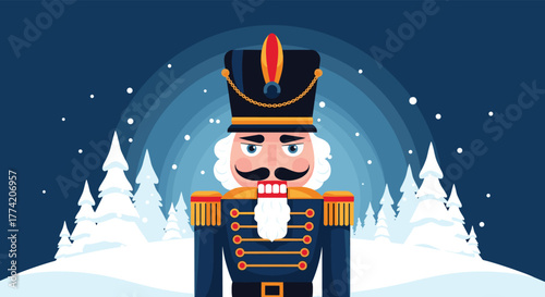 A whimsical cartoon-style depiction of a classic nutcracker soldier standing majestically in a magical snowy winter scene.