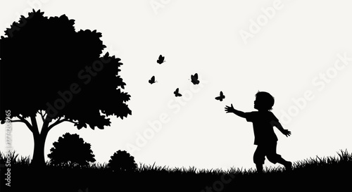 Silhouette of a Child Reaching for Butterflies in a Field.