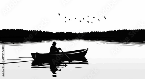 Silhouette of a person rowing a boat on calm water.