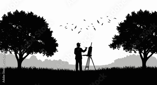 Silhouette of Artist Painting Outdoors Amidst Trees and Nature.