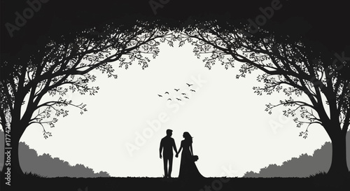 Silhouette of a loving couple holding hands under an arch of trees.