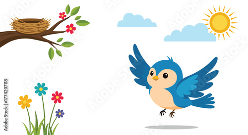 A cheerful blue bird takes flight on a bright, sunny day, with its cozy nest on a tree branch and colorful flowers below.