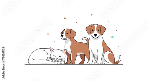 A sweet white cat sleeping next to two playful brown and white puppies on a clean white background.
