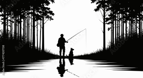 Fisherman and loyal dog enjoy peaceful outdoor fishing adventure.