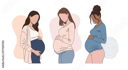 Diverse pregnant women in a minimalist flat design, gently holding their bellies, representing the beauty and joy of expecting a child.