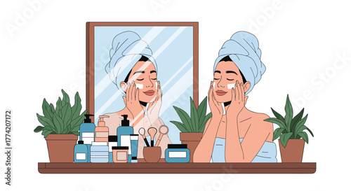Young woman wrapped in a towel applying face cream, looking at her reflection in the mirror during her daily skincare routine.