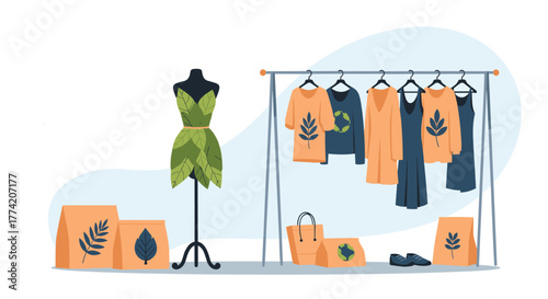 Sustainable fashion store display with leaf-themed clothing, recycled garments, and eco-friendly packaging, promoting conscious consumerism.