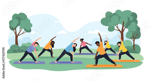 Diverse group of people enjoying an outdoor yoga class in a park, performing various yoga poses on mats.