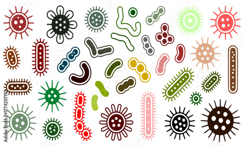 Bacteria, Microbe, Virus Outline Vector Icon Set, Microscopic Organism and Bacillus Silhouette Collection, Medical and Microbiology Science Symbol, High Contrast Black Vector Illustration on White Bac