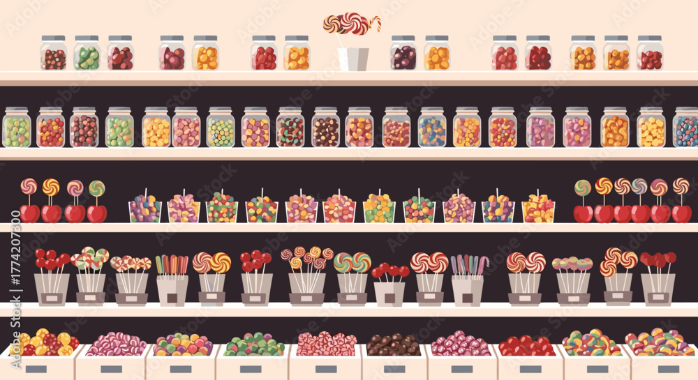 Fototapeta premium A vibrant pixel art illustration of a candy store, featuring shelves stocked with colorful jars of sweets, lollipops, and bulk candies.