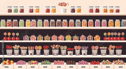 A vibrant pixel art illustration of a candy store, featuring shelves stocked with colorful jars of sweets, lollipops, and bulk candies.