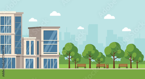A modern city scene featuring contemporary buildings, a tranquil park with benches and trees, and a distant skyline under a clear sky.
