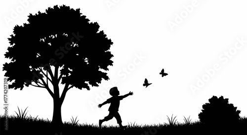 Silhouette of Child Chasing Butterflies Near Tree and Bush.
