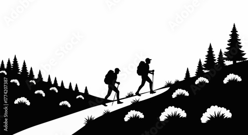 Two hikers with backpacks and poles climbing a hill silhouette.