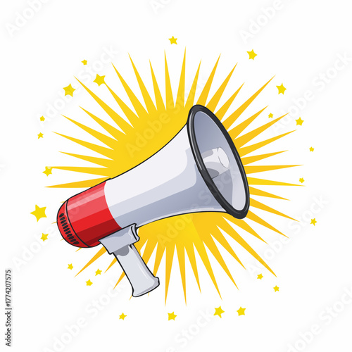 Illustration of a megaphone announcing with a comic explosion burst and bright yellow rays, vector graphic