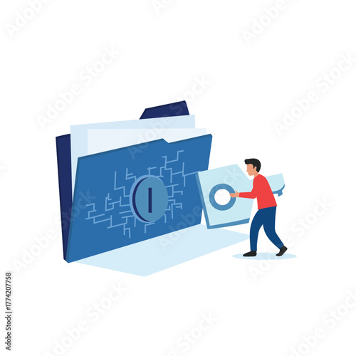 Vector Digital File Management Folder with Man Organizing Data Search, Cloud Storage, Cyber Technology, Information Access, and Database System
