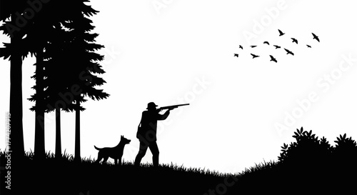 Silhouette of Hunter with Dog Aiming at Birds in Flight.