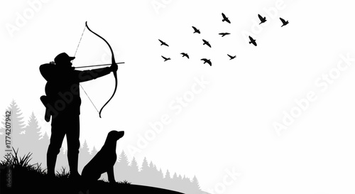 Silhouette of Archer Aiming at Birds with Dog Companion.