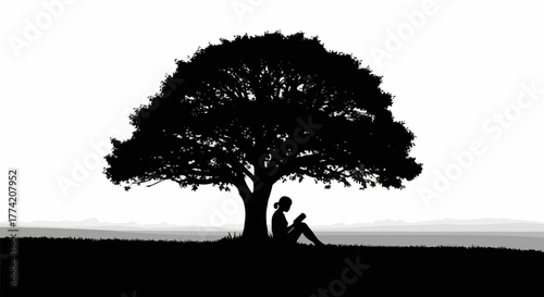 Silhouette of a person reading a book under a large tree.