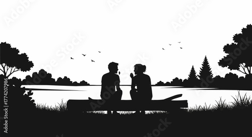 Silhouette of two people sitting together enjoying the outdoors.