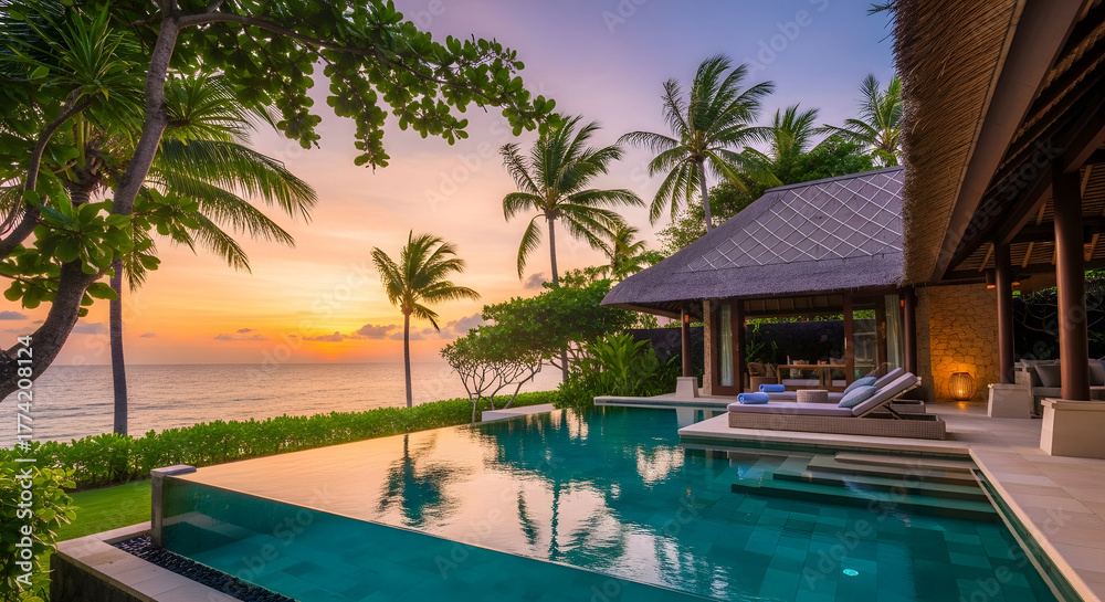 Fototapeta premium Experience Paradise A Stunning Tropical Resort Villa Exterior with Infinity Pool at Sunset