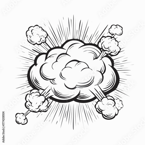 Dynamic comic book style explosion cloud illustration with radiating lines, bold outlines, and energetic burst effect