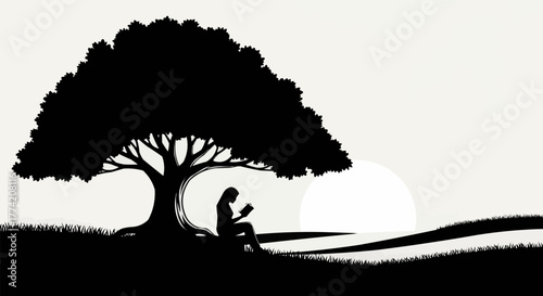 Silhouette of a person reading under a large tree.