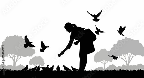 Caring woman in silhouette feeding a flock of hungry pigeons.