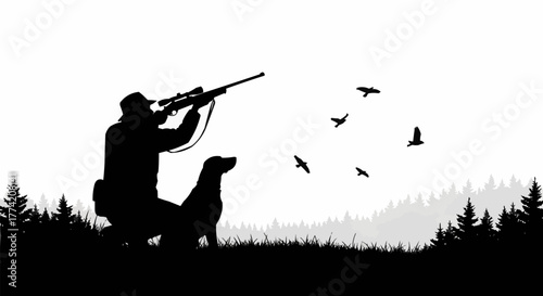 Silhouette of a hunter and his loyal dog aiming a rifle.