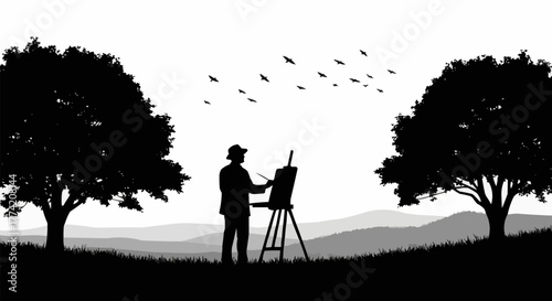 Artist painting outdoors capturing natures beauty with easel and brush.