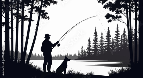 Silhouette of a man fishing with his dog by the lake.