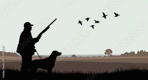Silhouette of Hunter with Dog Aiming at Birds in Flight.
