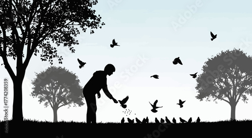 Person feeding birds in silhouette against a serene sky and trees.
