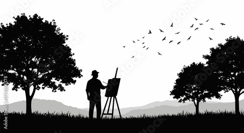 Silhouette of a male artist painting on an easel.