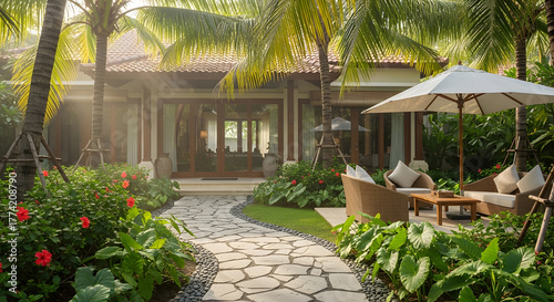 Beautiful tropical resort villa exterior with lush green garden and outdoor seating area, bathed in warm sunlight