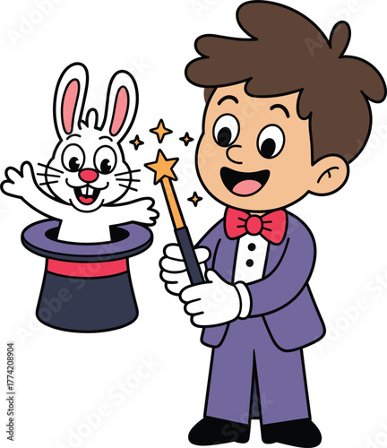 Cute little magician boy performing magic trick with hat and rabbit, cartoon character vector illustration for kids entertainment, fantasy, fun art