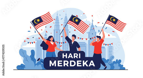 Joyful people waving Malaysian flags and celebrating Hari Merdeka in a vibrant city setting, symbolizing national pride and independence.